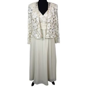 R & M Collection Dress Beige Sequin Lace Gown Jacket 2 Piece Set Formal Women 8P